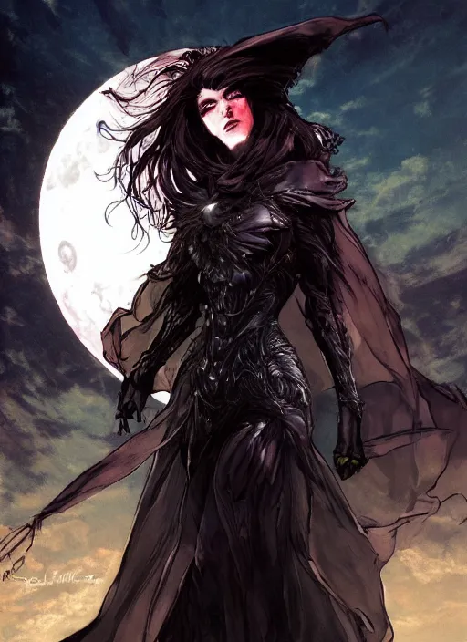 Image similar to portrait of Anna Millerstone as a Dark evil witch, big moon in the background, dramatic lighting, illustration by Albert Bierstadt, yoji shinkawa, 4k, digital art, concept art, trending on artstation