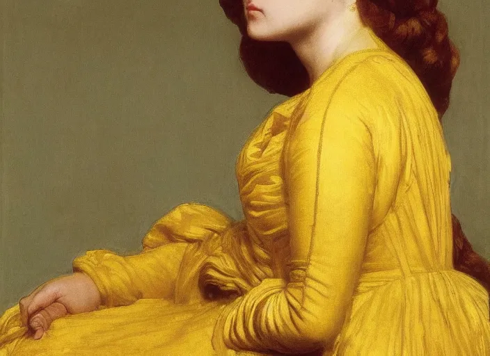 Image similar to portrait of jemma channing, wearing yellow ochre, preraphaelite colour photography by frederic leighton, 8 k
