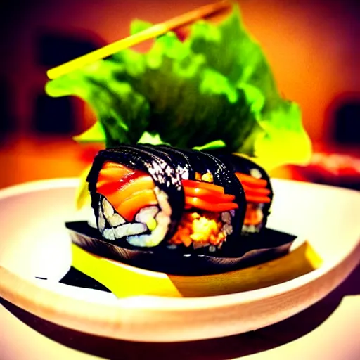 Prompt: The ultimate sushi-burger with extra unagi on a hand carved cherrywood plate. Perfect photography.