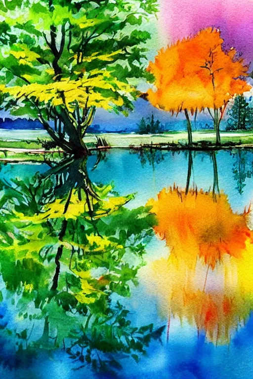 Image similar to beautiful colorful watercolor painting of trees reflecting on the lake