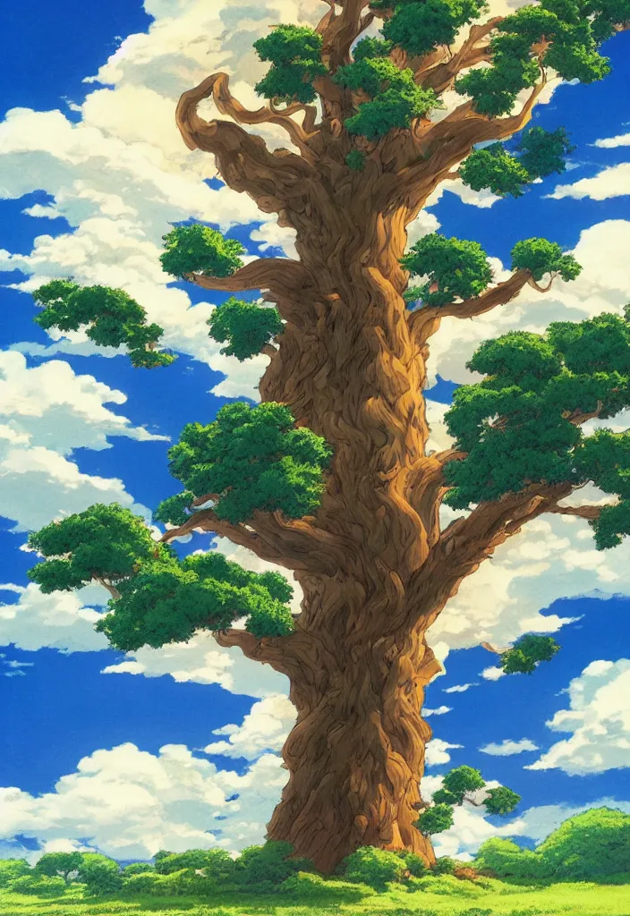 Image similar to a gigantic oak reaching the sky, detailed clouds, sunbeams, heavenly color scheme, studio ghibli scheme