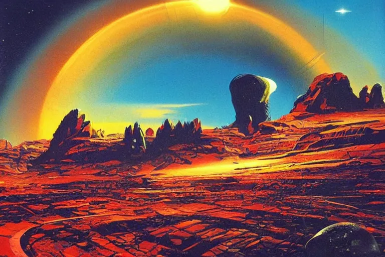 Image similar to an alien landscape, no man's sky, striking, fluid, smooth, bright saturated colours, high contrast, sharpness, very detailed, intricate, by angus mckie, colin hay, stewart cowley, john berkey, wojciech siudmak