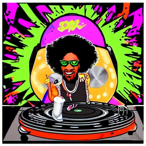 Image similar to svg sticker of a Dancing-Ben-Harper-Snoop-Spike-Lee-with-a-large-Afro-Puff, at a rave, spinning records, giant headphones rocking out, wearing headphones, huge speakers, dancing, rave, DJ, spinning records, digital art, amazing composition, rule-of-thirds, award-winning, trending on artstation, featured on deviantart