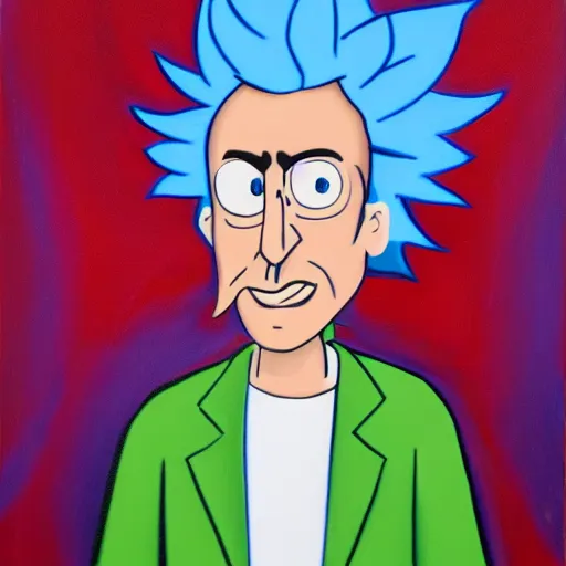 Prompt: A portrait of Rick Sanchez wearing a lab coat, oil painting