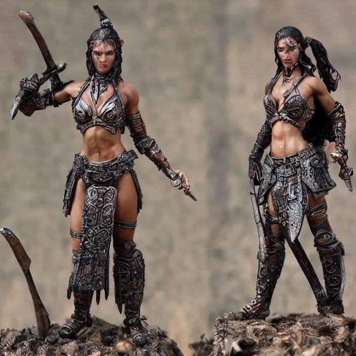 Image similar to 80mm resin highly accurate miniature of warrior woman, standing, beautiful bone structure, Product Introduction Photos, 4K, Full body, simple background