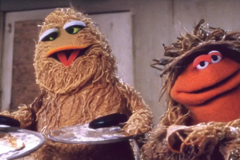 Image similar to a film still of pizza the hut in the muppets, high quality