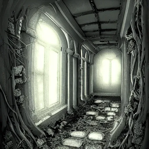 Image similar to a bright white hallway with many doors and stairs full of fungus and mushrooms and rot, Mc Escher architecture, decay, artstation