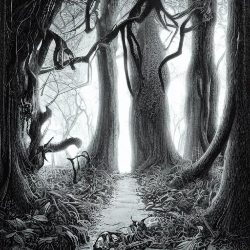 Prompt: door to another world in a forest, Michael Whelan, artstation, Martin McKenna, pen and ink, black and white