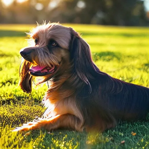 Image similar to the cutest looking mutt who is half long haired dachshund and half shih tzu, laying under a tree on a farm, golden hour, promised land, corn,