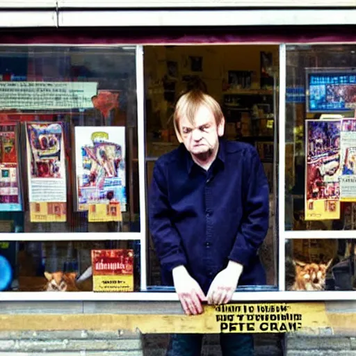 Image similar to mark e smith crouched behind a display window outside a pet shop, he is for sale