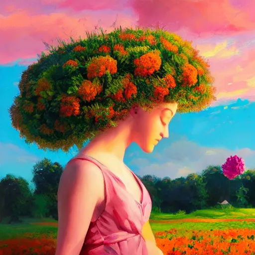 Image similar to girl with a giant carnation head, surreal photography, flower field, sunset dramatic light, impressionist painting, colorful clouds, blue sky, digital painting, artstation, simon stalenhag