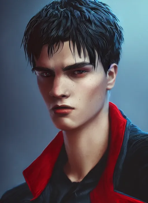 Image similar to An epic fantasy comic book style portrait painting of a young man with black cowlick haircut, wearing black overcoat, red clothes, blue jeans. Unreal 5, DAZ, hyperrealistic, octane render, cosplay, RPG portrait, dynamic lighting