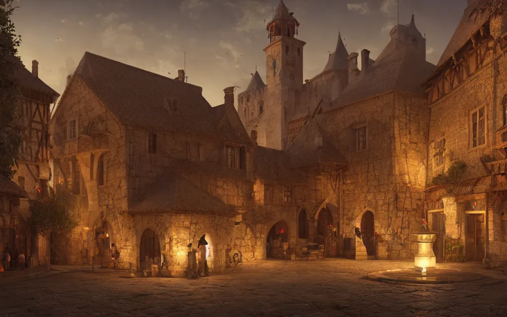 Prompt: at the square of a medieval french village, a well in the center, arches, orange light, highly detailed, cinematic lighting, perfect composition, 4 k, gustave dore, derek zabrocki, greg rutkowski, belsinski, octane render, fantasy