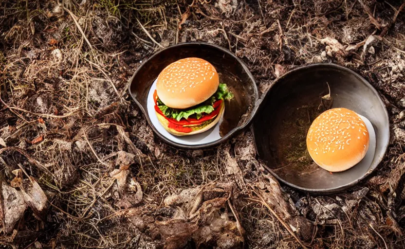 Image similar to a hamburger in a swamp, product photography