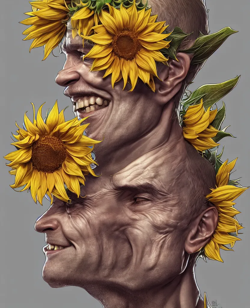 Image similar to digital art, centered full body of young any old Putin smiling king, Sunflower crown, ,intricate, veins, by James Jean and by artgerm , by ross tran ultradetailed, charachter design, concept art, trending on artstation,