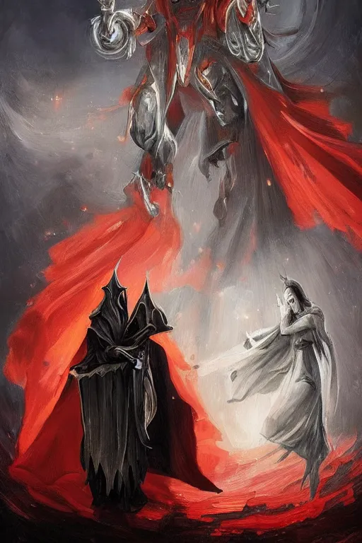 Prompt: a very elegant oil painting of a ghostly looking knight and a magical wizard, using magic, magic leaking out of them, smooth painting, medieval armor, wizard knight fusion, concept art, spikey armor, the red glows coming from the left, paint smears, digital art, character design, d & d character, heavy shading, by vasnetsov