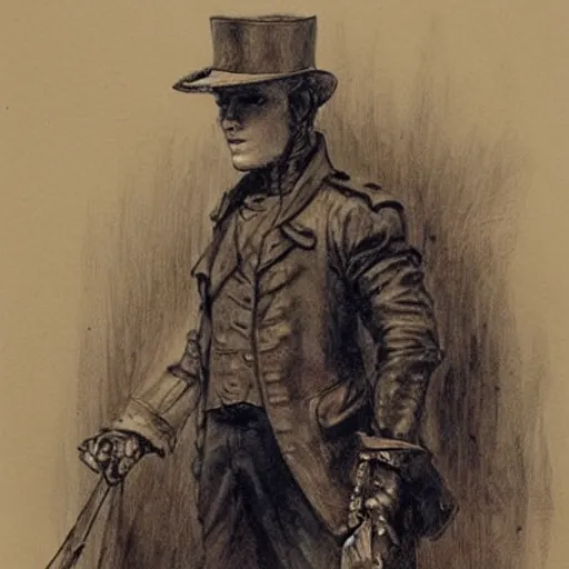 Prompt: sketch by Jean-Baptiste Monge !!!!!!!!!!!!!!!!!!!!!!!!!!!!!!!!!!!!! (((((((((((((portrait of boy dressed as steampunk detective wearing leather gloves . muted colors.)))))))))))))