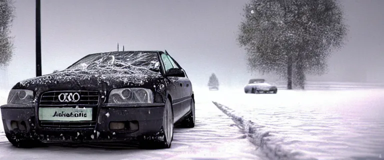 Image similar to Audi A4 B6 Avant (2002), a gritty neo-noir, dramatic lighting, cinematic, eerie person, death, homicide, homicide in the snow, viscera splattered, gunshots, bullet holes, establishing shot, extremely high detail, cracked windows, photorealistic, arson, cinematic lighting, artstation, by simon stalenhag, Max Payne (PC) (2001) winter New York at night, In the style of Max Payne 1 graphic novel, flashing lights, Poets of the Fall - Late Goodbye