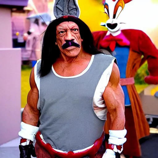 Image similar to Danny Trejo as Bugs Bunny from Looney Tunes, live action movie, set photo in costume, cosplay, photograph