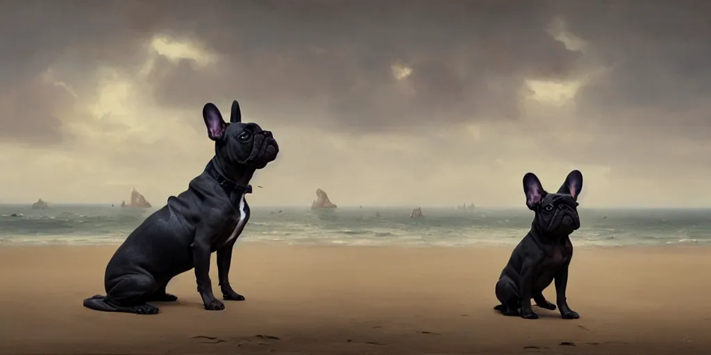 Prompt: french bulldog on the beach, mythology, extremely detailed digital painting, in the style of dali, jheronimus bosch and ruan jia and jeremy lipking and peter mohrbacher, mystical colors, edge light, beautiful lighting, 4 k, stunning scene, ray tracing, octane, trending on artstation