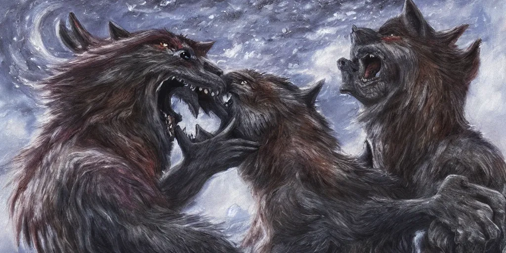 Image similar to oil painting of a werewolf kissing another werewolf, detailed, 4k, fantasy