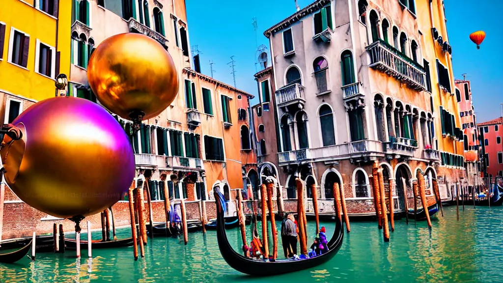 Image similar to large colorful futuristic space age metallic steampunk steam - powered balloons with pipework and electrical wiring around the outside, and people on rope swings underneath, flying high over the beautiful medieval venice city landscape, professional photography, 8 0 mm telephoto lens, realistic, detailed, photorealistic, photojournalism