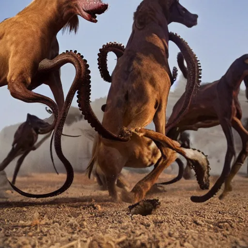 Image similar to National Geographic photo of horse full of octopus being eaten by African hunting dogs