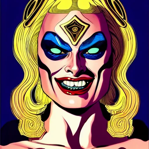 Prompt: style of Rafeal Albuquerque comic book art, goddess Margot Robbie sucking out someone's soul, gold and white eyes, symmetrical face, symmetrical eyes, scary smile