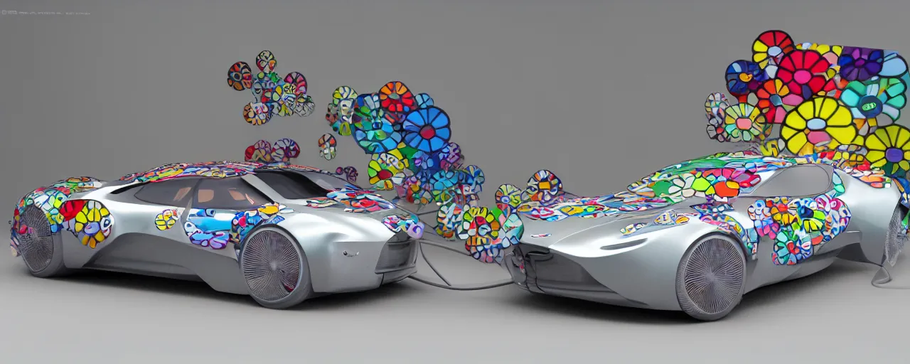 Image similar to Prototype of an electric car designed by Aston martin inspired by Takashi Murakami. Octane Render. 8k. V-ray. Unreal Engine 5.