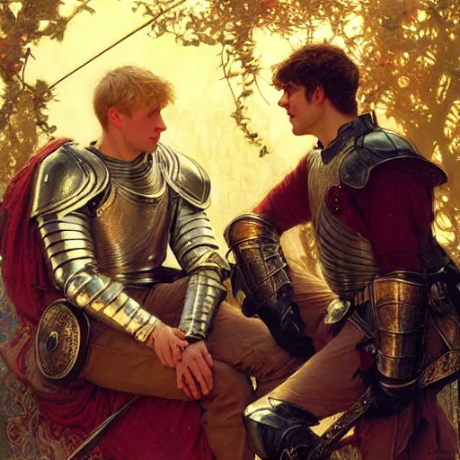 Image similar to attractive arthur pendragon and his attractive male knight, they are in love, natural lighting, path traced, highly detailed, high quality, digital painting, by gaston bussiere, craig mullins, alphonse mucha j. c. leyendecker