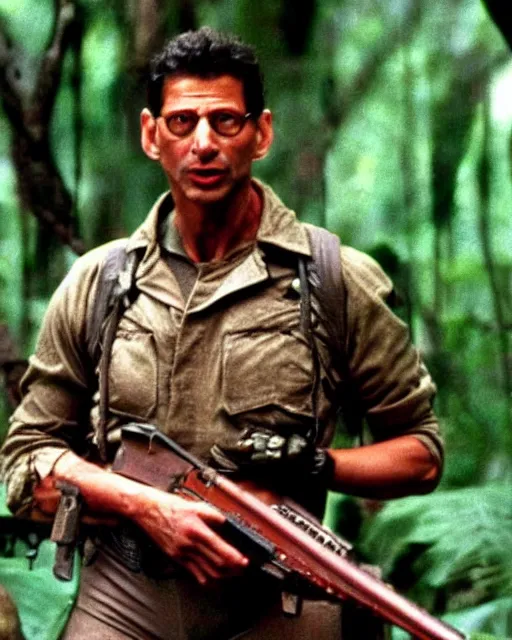 Prompt: Jeff Goldblum as Major Dutch in Predator (1987), movie still