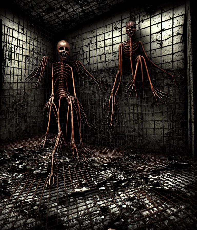 Image similar to Creepy huge suffering humanoid with long limbs sits on the floor and looks at the old TV. An underground very dark gloomy multi-layered structure of rusty thick iron grates, dense chain-link fencing and peeling walls. Inside view, collapsed floors, bent rusted iron, masterpiece, black background, corners, cinematic, hyperdetailed, photorealistic, hyperrealism, octane render, 8k, depth of field, bokeh, architecture, shadows, art by Zdzisław Beksiński, Dariusz Zawadzki