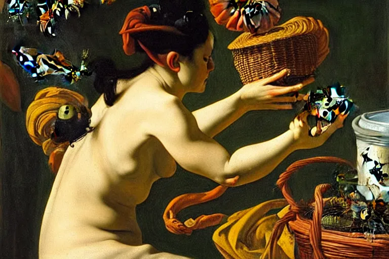 Image similar to a painting of pandora opening her jar, releasing insects and critters that impersonate sickness and death, personification of misery in the style of realism and artemisia gentileschi