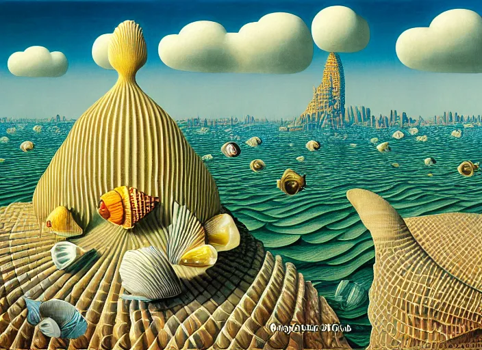 Prompt: a city with fish citizens inside the seashell, by jacek yerka by magritte, surrealistic painting, masterpiece, oil painting, sharp focus, highly detailed, intricate, smooth, 8 k,