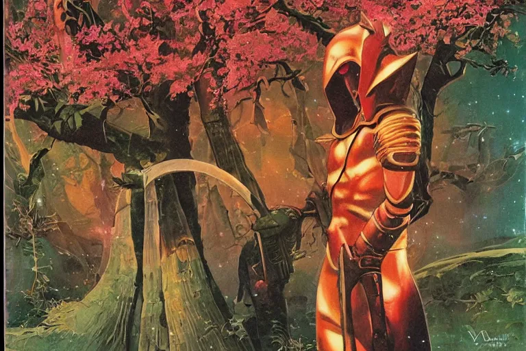 Image similar to 1979 OMNI Magazine Cover of a Druidic elf with armor by a cherry tree in Neo-Kyoto in cyberpunk style by Vincent Di Fate