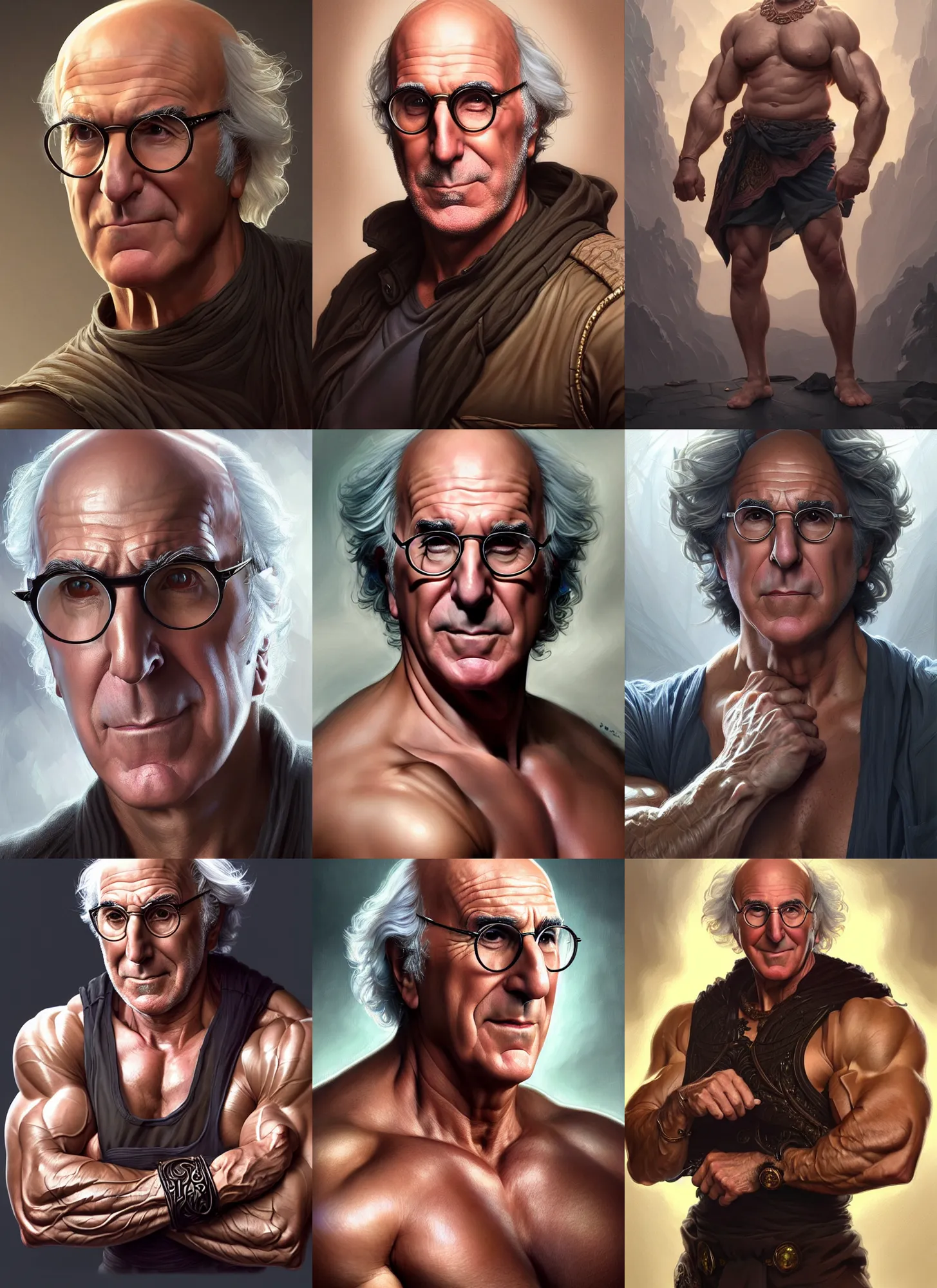 Image similar to portrait of larry david with synthol muscles, d & d, muscular! fantasy, intricate, elegant, highly detailed, digital painting, artstation, concept art, smooth, sharp focus, illustration, art by artgerm and greg rutkowski and alphonse mucha