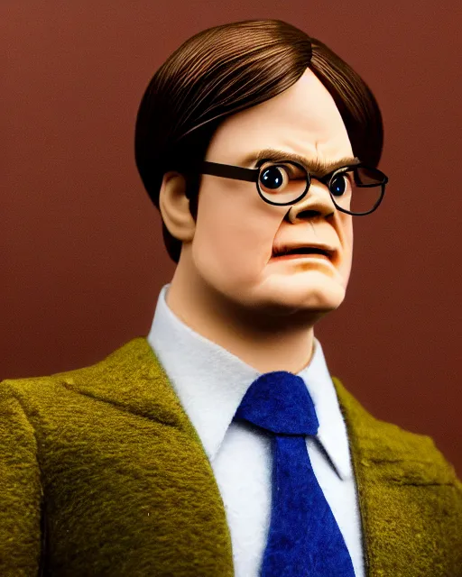 Image similar to a still if dwight schrute with brown suit as a muppet in the office. highly detailed felt. hyper real photo. 4 k.