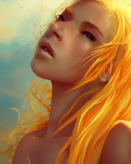 Image similar to summer vibes, beautiful sun goddess, flowy yellow golden hair, sun, summer, cinematic lighting, highly detailed, digital painting, trending on artstation, pixiv, concept art, sharp focus, illustration, art by ross tran and wlop