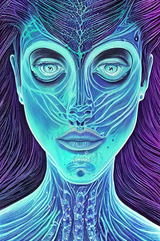 Image similar to dark underwater portrait of one Bioluminescent ancient woman, with reaction diffusion semi-transparent skin. face closeup. long intricate dark hair. good face proportions. with many jellyfishes. very high detail, illustration, by alex grey and Ilya Kuvshinov
