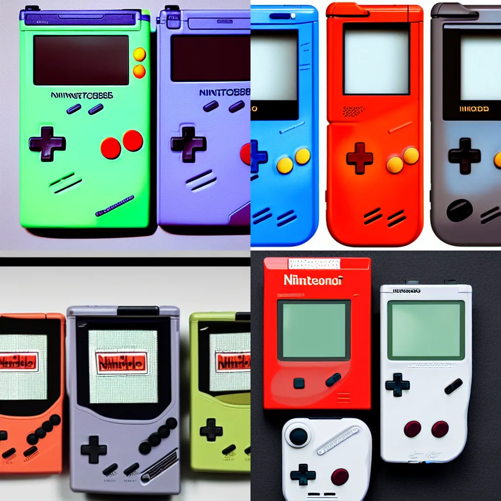 Prompt: The three models of the Nintendo GameBoy: GameBoy Classic, GameBoy Color, and GameBoy Educational