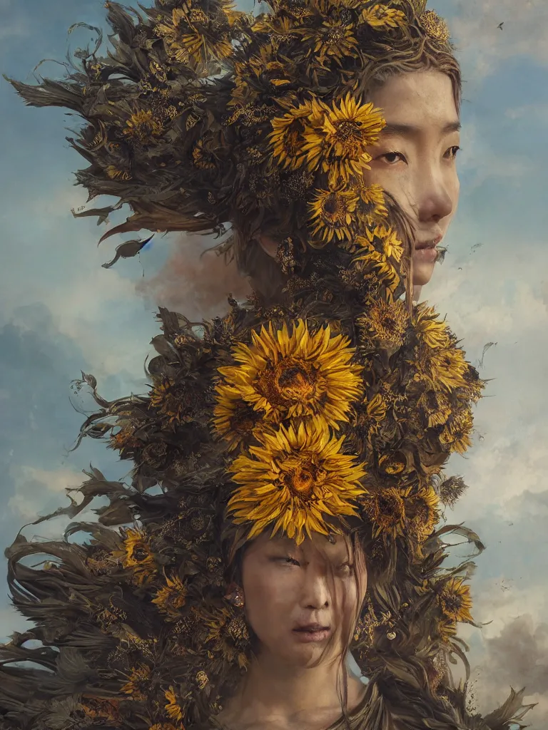 Prompt: a fancy portrait of the goddess of sunflowers, a beautiful mongolian female deity by Greg Rutkowski, Sung Choi, Mitchell Mohrhauser, Maciej Kuciara, Johnson Ting, Maxim Verehin, Peter Konig, Bloodborne, macro lens, 35mm, 8k photorealistic, cinematic lighting, HD, high details, atmospheric