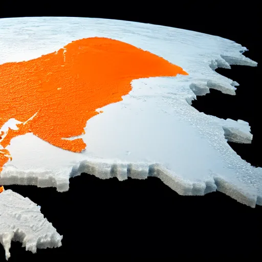 Image similar to top down view of map of country iceland made out of ice, accurate map, surrounded by ocean made out of hot orange lava, realistic
