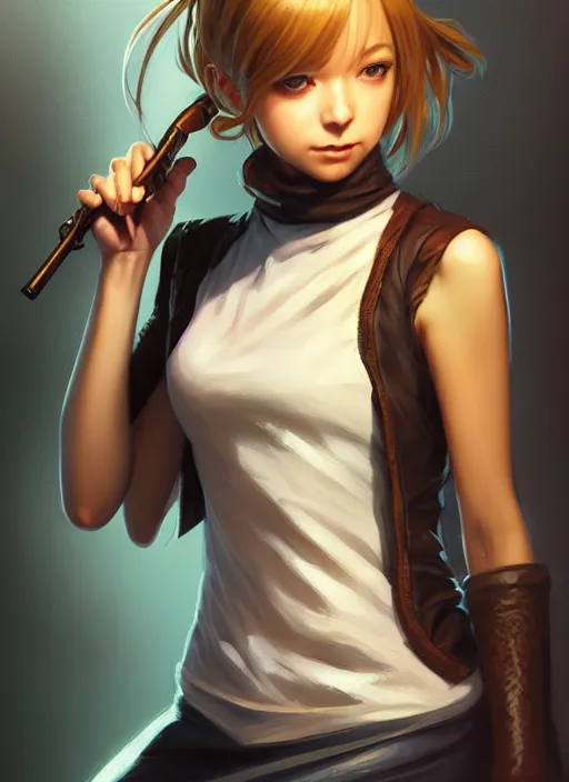 Image similar to portrait of a full body of beautiful young female detective, d & d, sleeveless turtleneck, fantasy, flat lighting, intricate, highly detailed, digital painting, artstation, concept art, smooth, sharp focus, illustration, misa amane, art by simon bisley and greg rutkowski and alphonse mucha, natural tpose