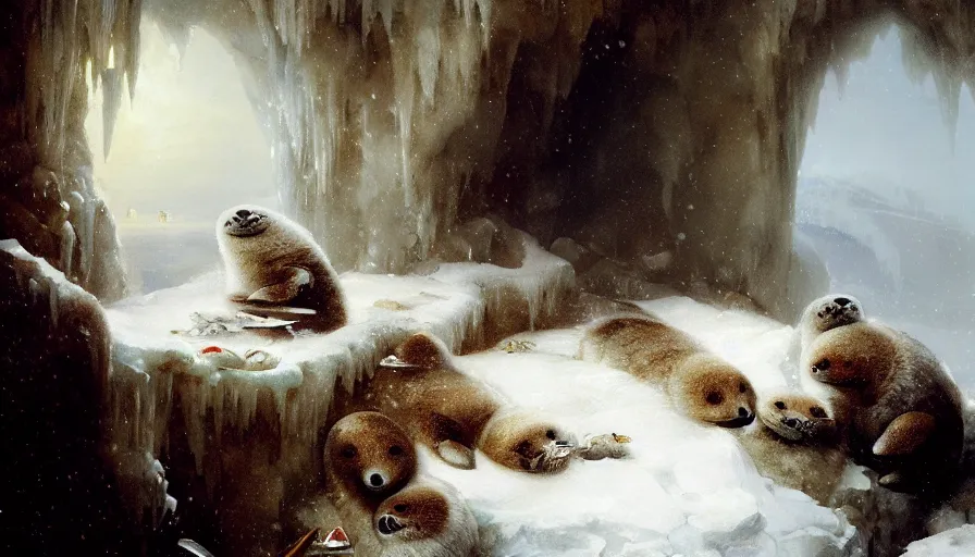 Prompt: highly detailed painting of cute furry white baby seals eating fish inside a snowy fantasy ice crystal cavern by william turner, by greg rutkowski, by william constable, thick brush strokes and visible paint layers, 4 k resolution