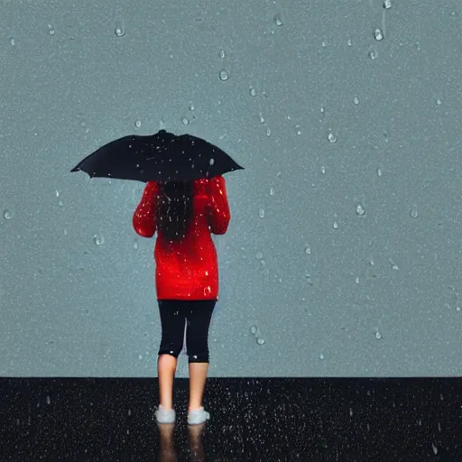Prompt: Girl standing in a rainy weather with tiny droplets falling