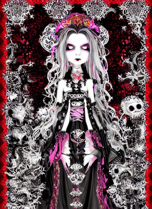 Prompt: baroque bedazzled gothic royalty frames surrounding a pixelsort emo demonic horrorcore japanese yokai doll, low quality sharpened graphics, remastered chromatic aberration spiked korean bloodmoon sigil stars draincore, gothic demon hellfire hexed witchcore aesthetic, dark vhs gothic hearts, neon glyphs spiked with red maroon glitter breakcore art by guro manga artist Shintaro Kago