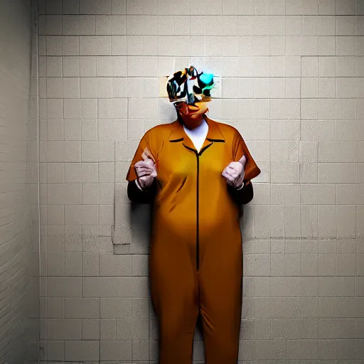 Image similar to donald trump in a prison cell wearing prison jumpsuit, photography, 4k