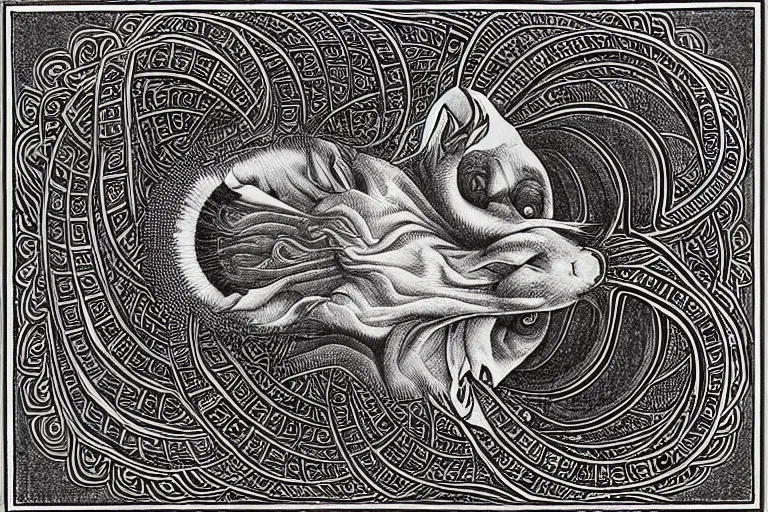 Image similar to an ornate illustration in the styles of mandalas and fractals, the styles of escher and penrose, depicting a weasel staring deep into the heart of the impossible all - and - nothing of the emerging singularity ; / what has god wrought? / he seems to be whispering.