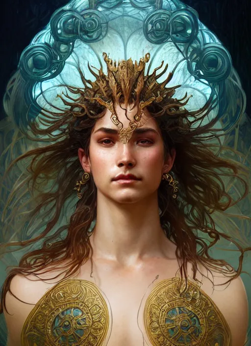 Prompt: a god of water, with hands and hair turning into water, fantasy, intricate, elegant, highly detailed, digital painting, artstation, concept art, wallpaper, smooth, sharp focus, illustration, art by artgerm and greg rutkowski and alphonse mucha