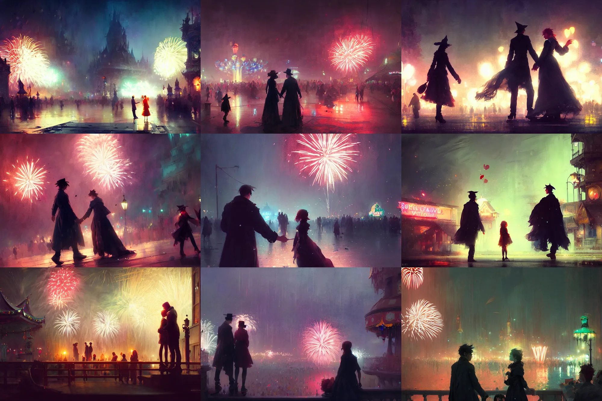 Image similar to two people find love at the witchlight carnival travelling temporary small amusement park, fireworks romantic, night time, high octane filter, 8 k, highly detailed, digital painting, concept art, matte, art by ruan jia and wlop and greg rutkowski and makoto shinkai, masterpiece